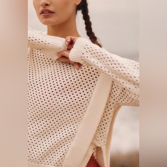 NWOT VARLEY Arabella Knit Mesh Crewneck Sweater in White/Cream - Picture 3 of 7
